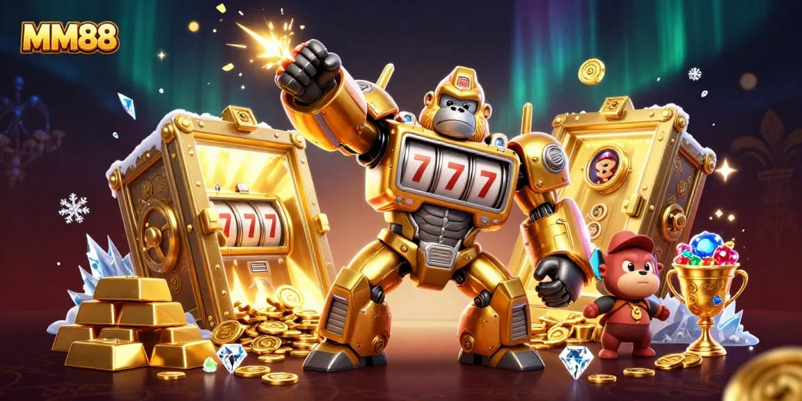 Experience thrilling slots with MM88’s golden gorilla mecha and dynamic casino elements.