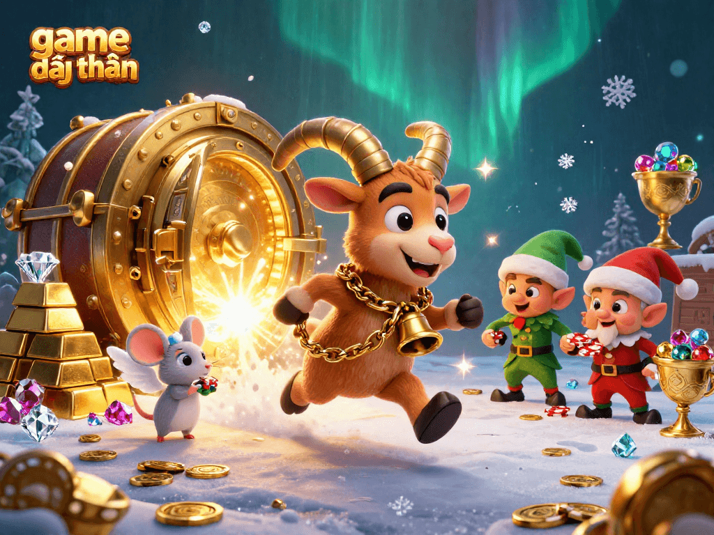 Engage in game đổi thưởng at a lively casino scene full of action, treasures, and dynamic characters.