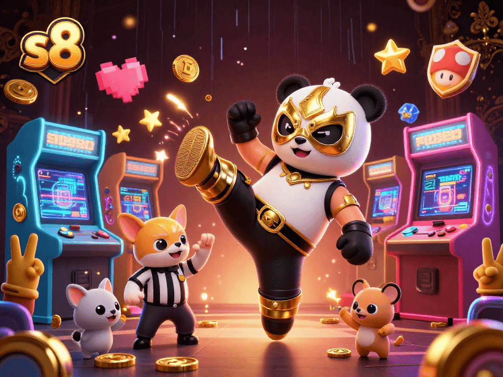 Experience thrilling action with the s8 panda wrestler and vibrant gambling elements in this dynamic 3D scene.
