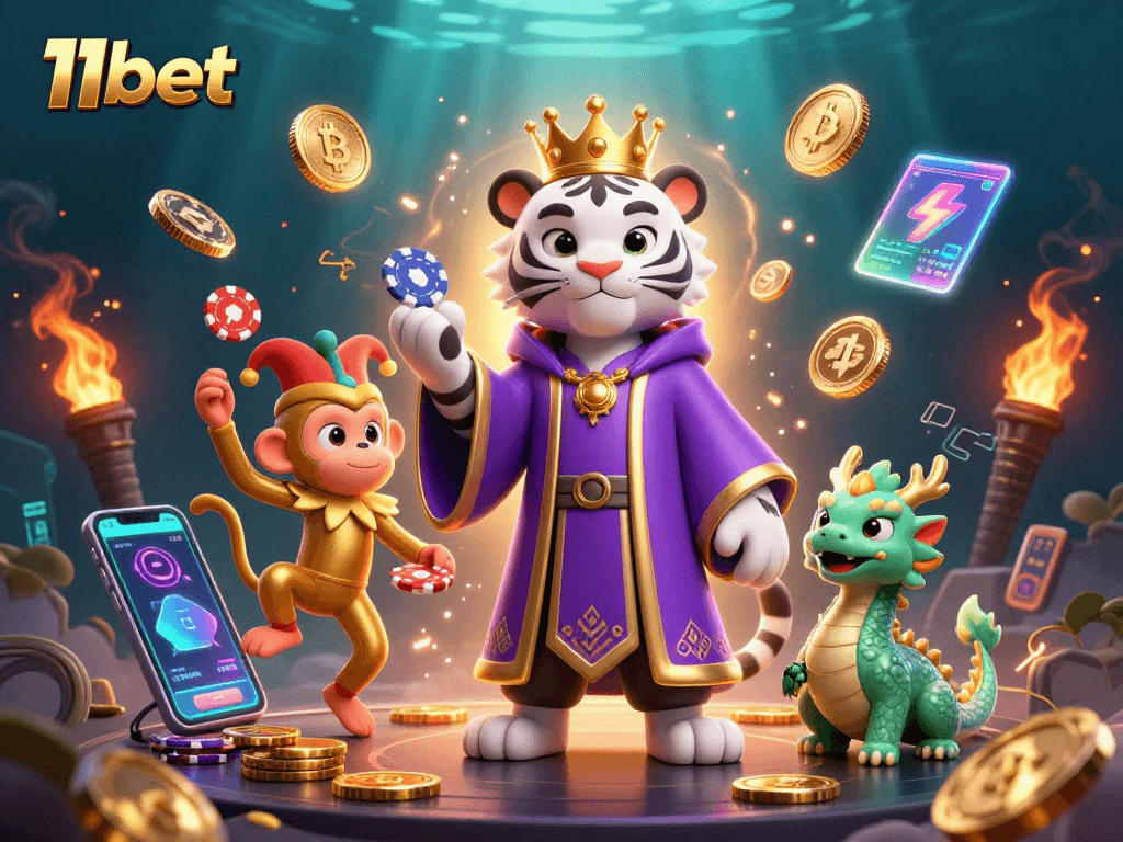Win big with 11bet as a white tiger, monkey, and jade dragon evoke casino magic.