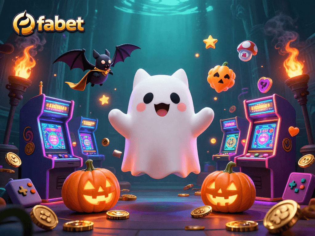 Join fabet for thrilling casino adventures with a ghost cat and glowing slot machines.