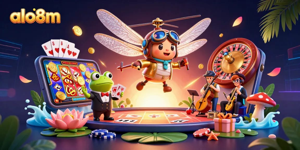 Engage with the exciting world of online gaming at alo8m's vibrant lily pad casino scene featuring dynamic characters.