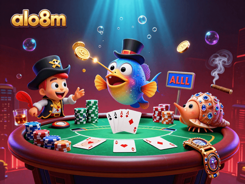 Join the excitement at alo8m with a vibrant underwater casino scene featuring playful characters and poker elements.