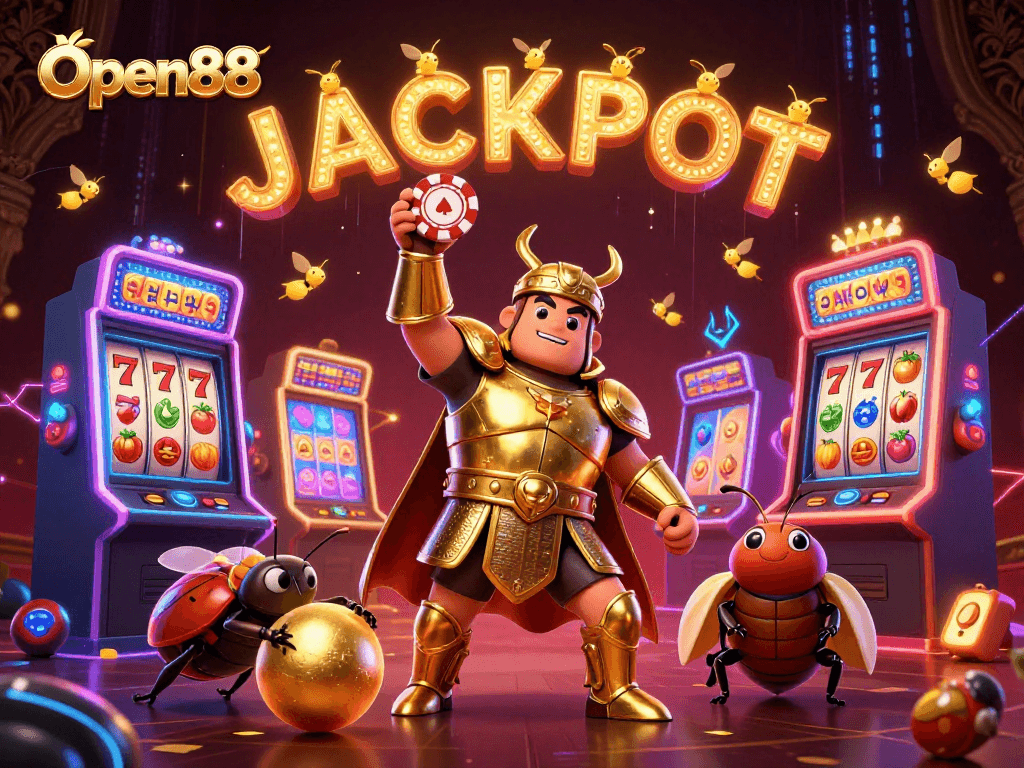 Open88 engages players with a vibrant casino scene featuring a victorious beetle and dynamic slot machines.