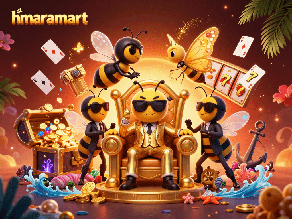 Win big with hmaramart's immersive 3D casino illustration featuring a bumblebee mob boss and dynamic gaming elements.