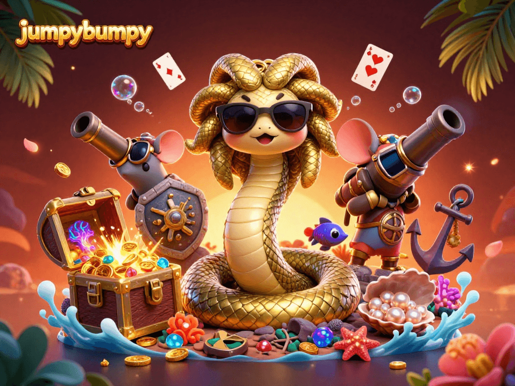 Experience jumpybumpy gaming in this vibrant 3D scene with Medusa, a warrior mouse, and treasures.