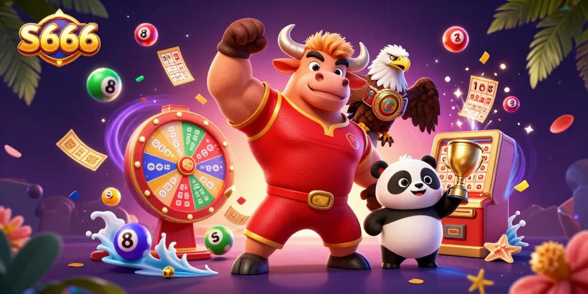 S666 players celebrating with a bull mascot and eagle, surrounded by dynamic lottery elements