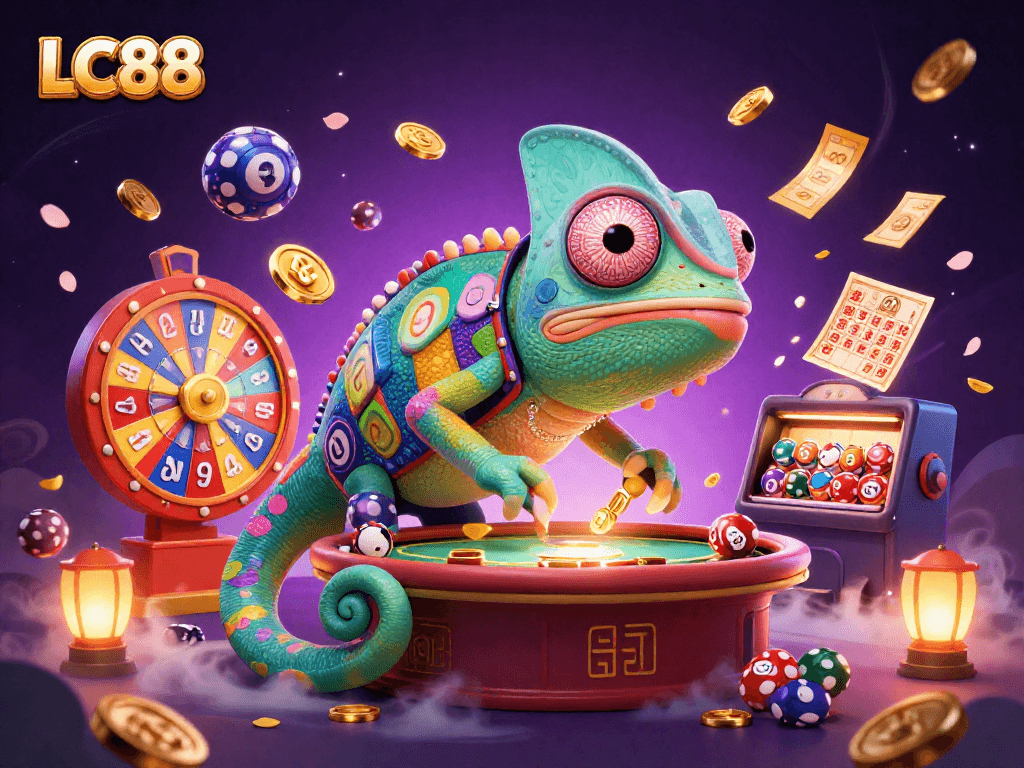 Engage with the vibrant world of LC88, where a colorful chameleon captures golden coins amidst lottery excitement.
