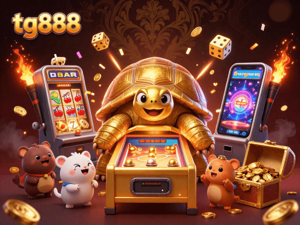 Experience the excitement of tg888 with animated games and golden jackpots bursting in a colorful casino scene.