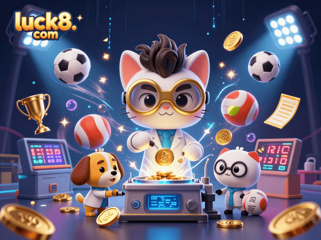 Join the excitement at luck8. com with a dynamic 3D casino illustration featuring vibrant gaming elements.