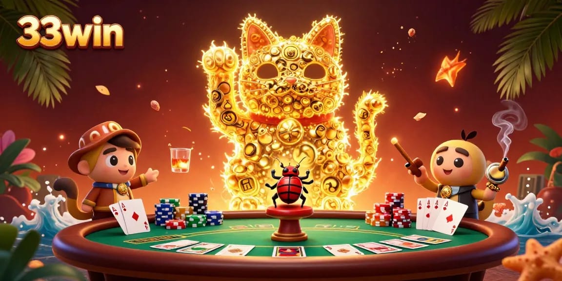 33win showcases an enchanting 3D lucky cat adorned with casino symbols, brightening your gaming experience.