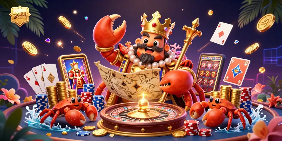 Engage with go88's exciting casino action featuring a golden crab emperor and dynamic gaming elements.