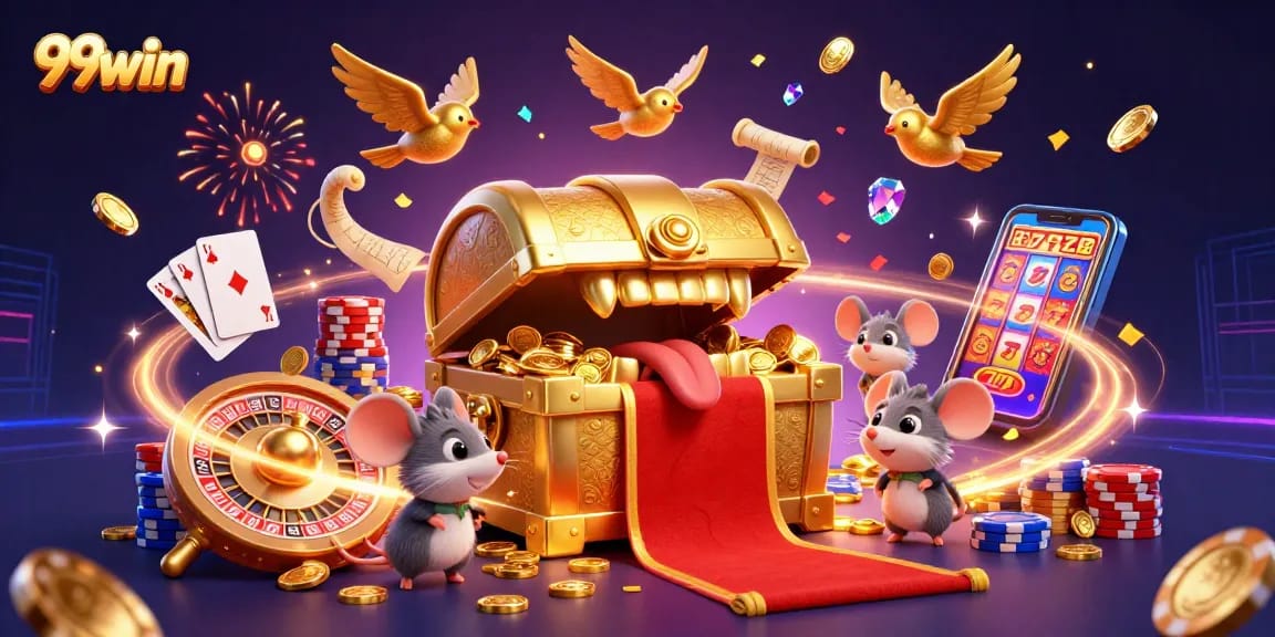 Engage in thrilling games at 99win with rich visuals featuring golden coins, roulette, and live action.