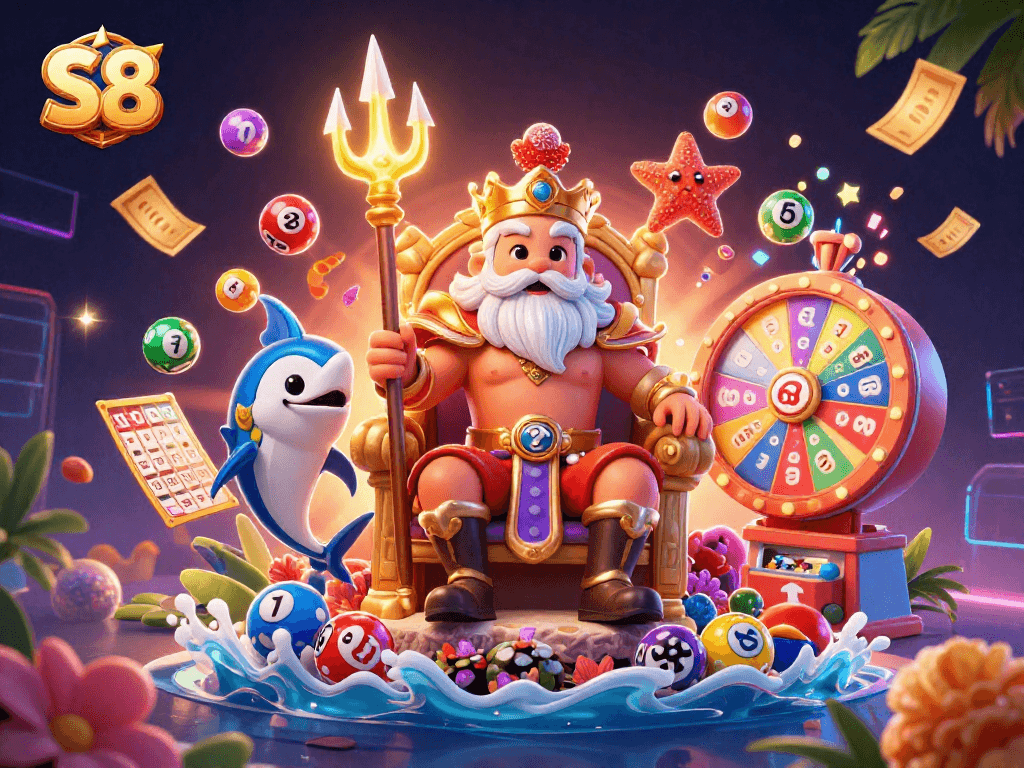 Spin to win at S8 with vibrant 3D elements and dynamic lottery characters surrounding a lucky sea king.