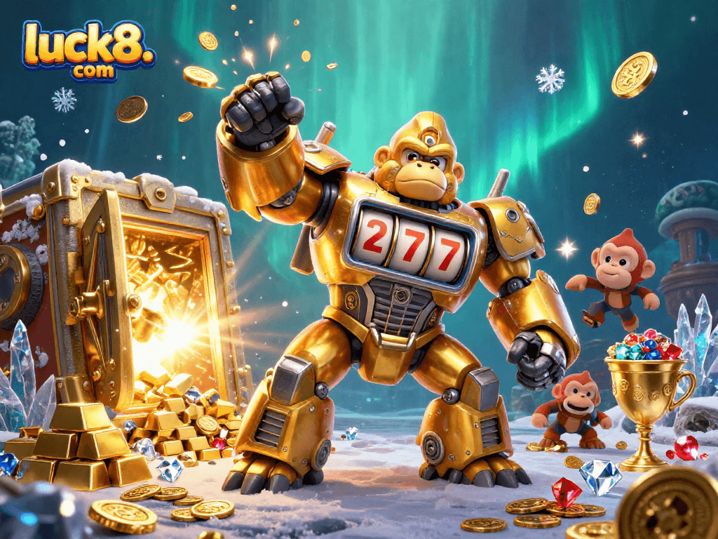 Experience excitement at luck8. com with a dynamic 3D illustration featuring a golden gorilla mech and treasures.