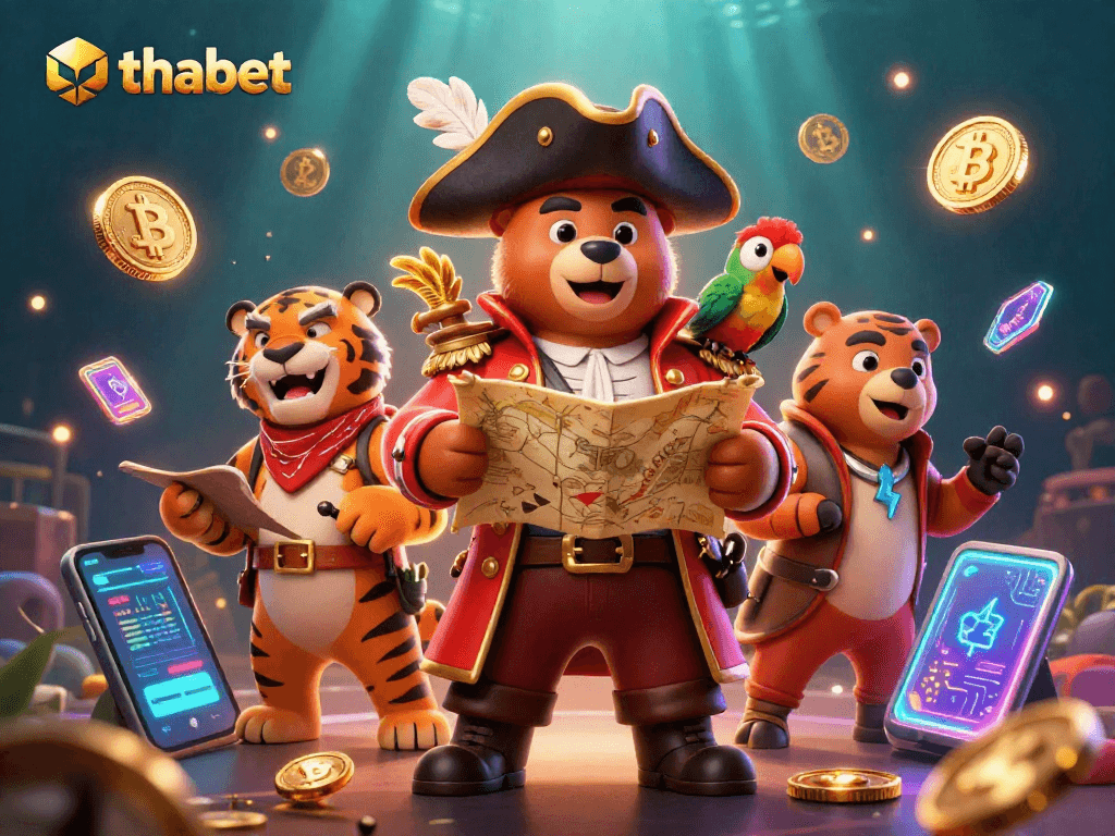 Play thrilling games at thabet with vibrant characters and glowing cryptocurrencies all around