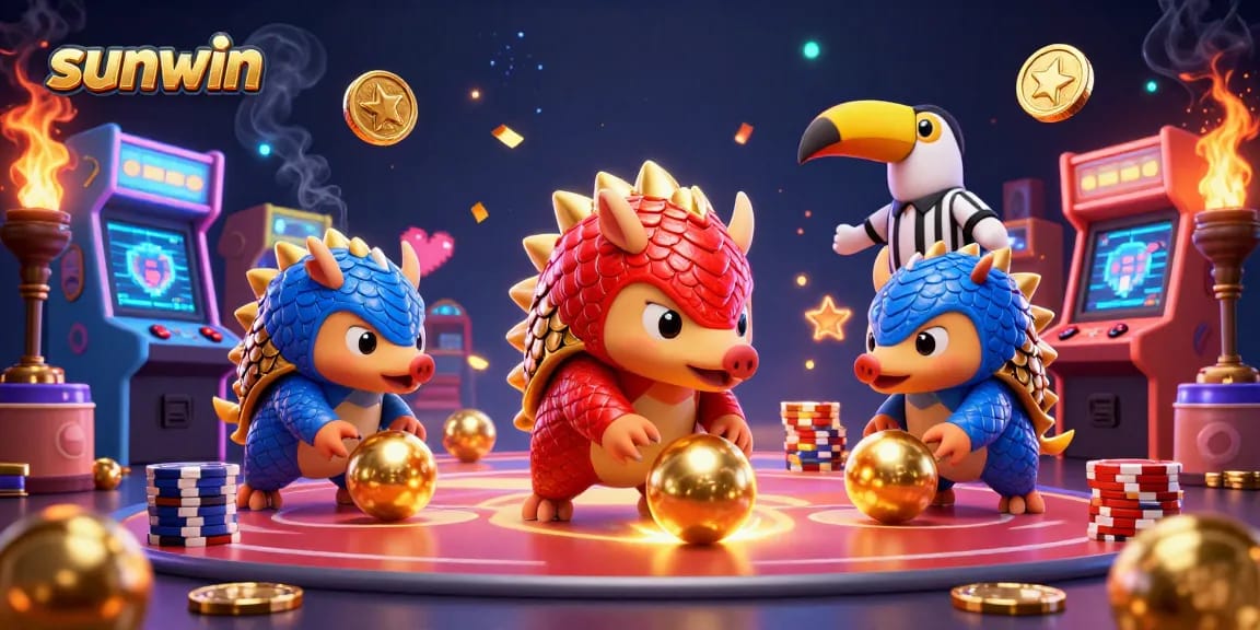 Experience thrilling moments with sunwin's animated pangolin rivals amidst golden chips and gaming machines.