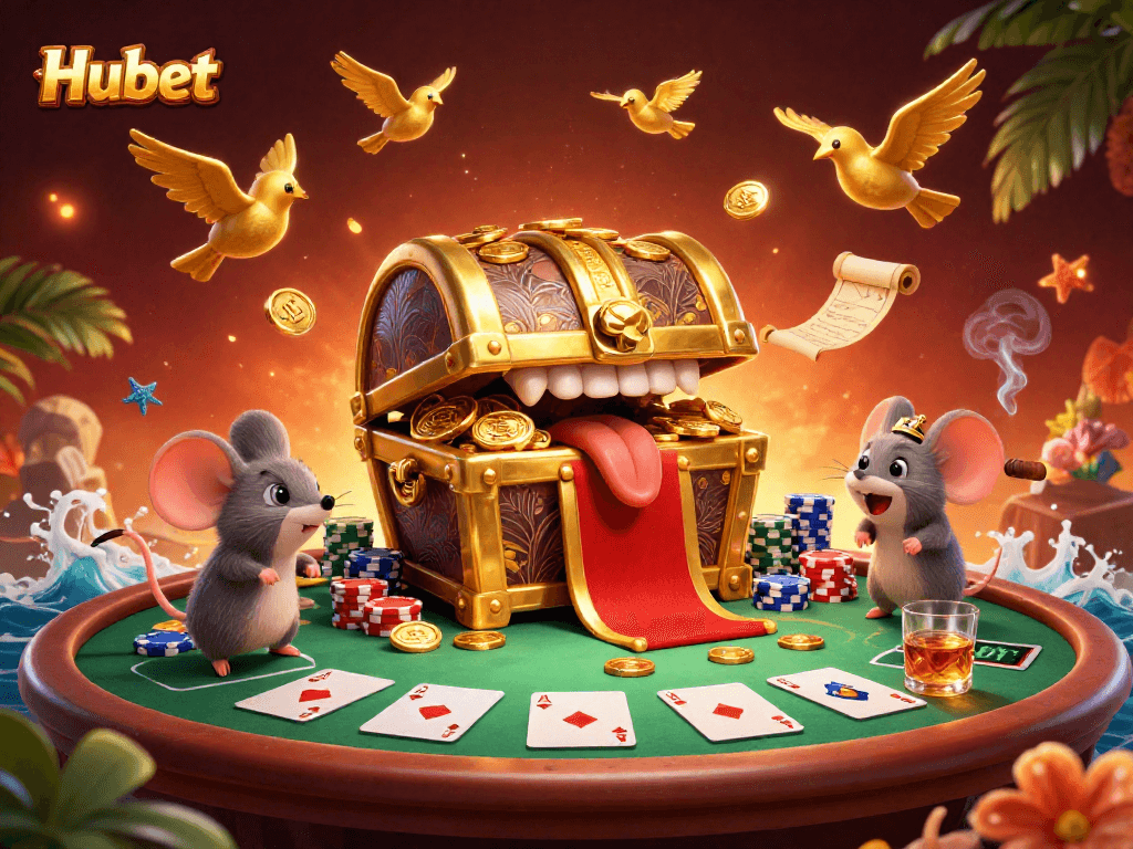 Experience big wins with Hubet's golden treasure-inspired casino adventure illustration.