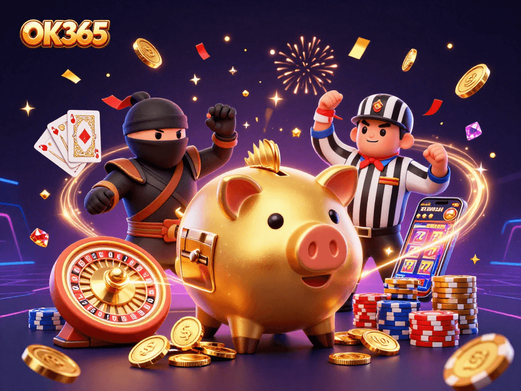 Experience the excitement at OK365 with a 3D illustration of a dynamic casino scene packed with action and energy.