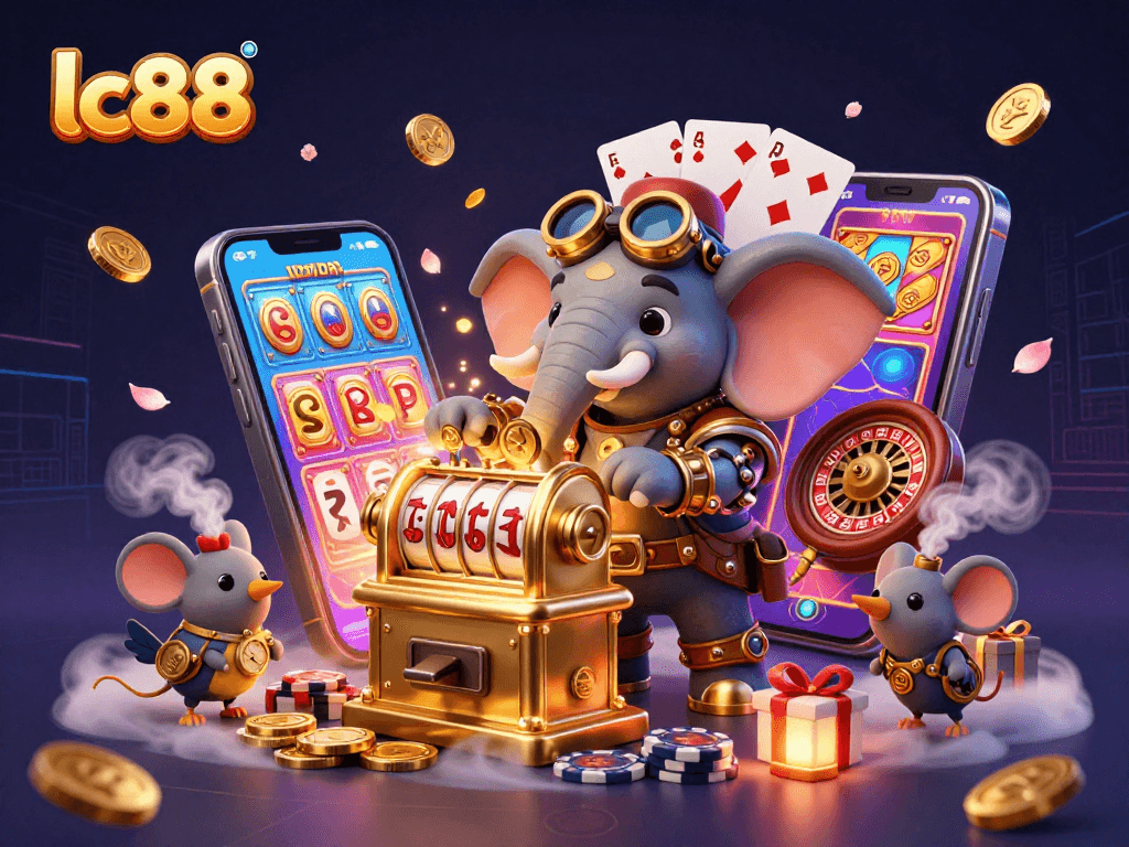 Engage with lc88's thrilling gameplay as a steampunk elephant operates an extravagant slot machine.