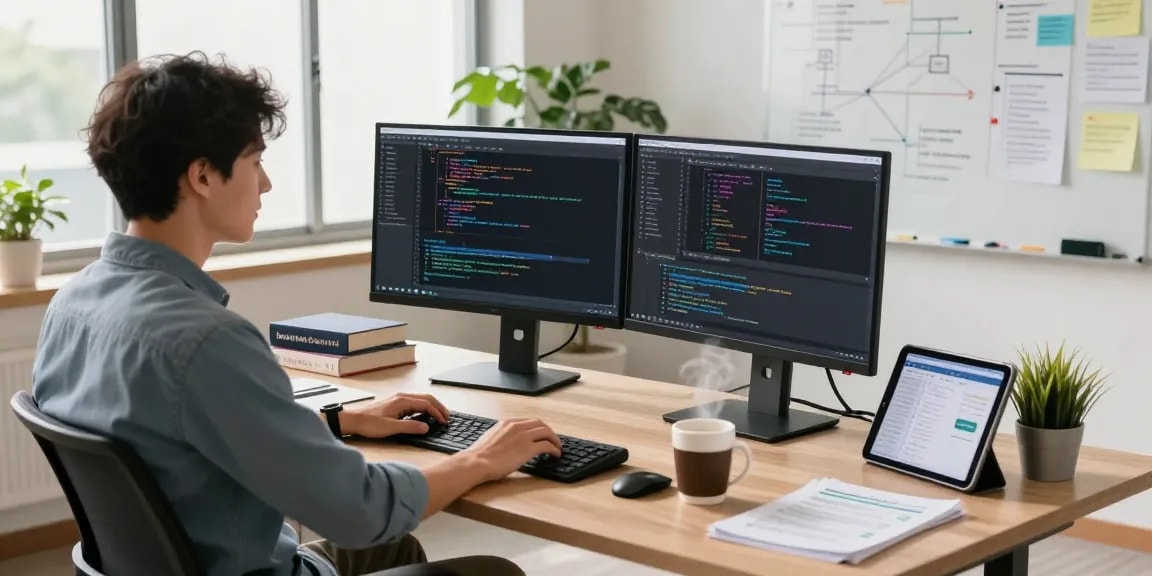 快连 software engineer coding in a modern workspace with dual monitors and tech resources.
