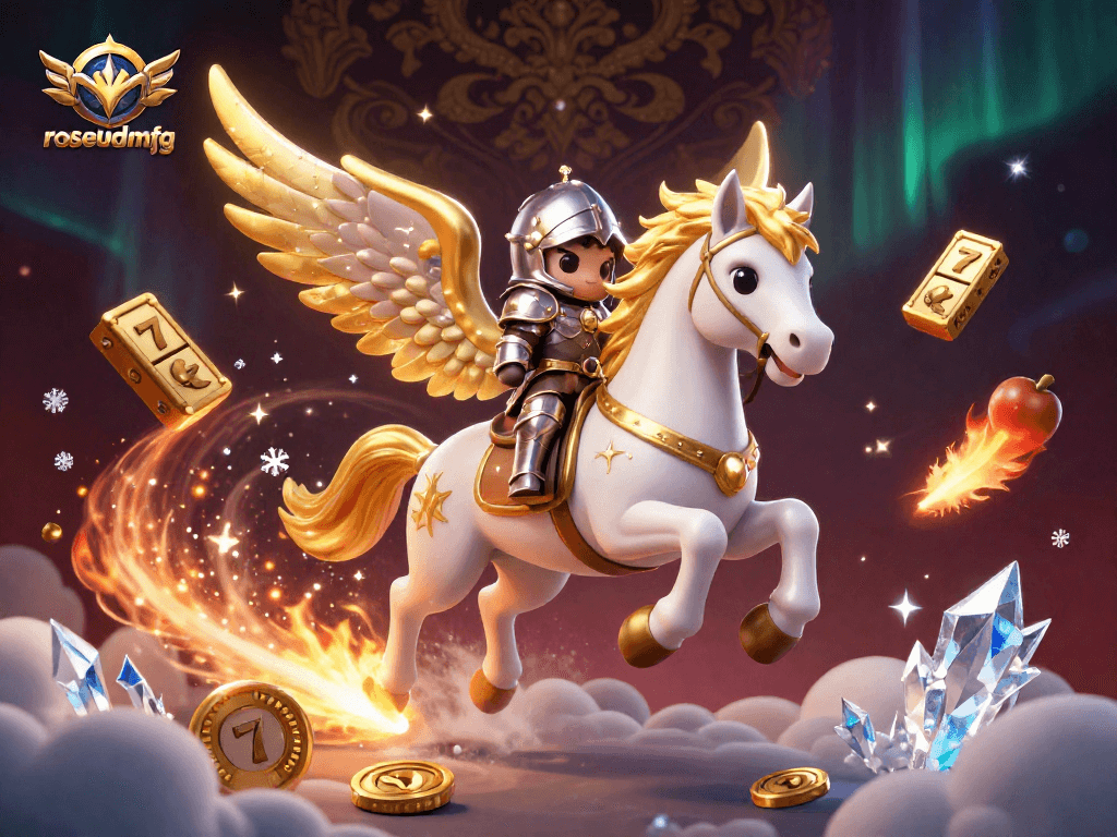 Experience the thrill of rosebudmfg with a knight and celestial horse amid a vibrant casino scene.
