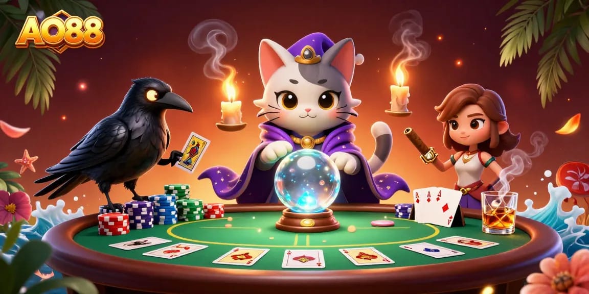 Experience thrilling poker action with AO88 at a vibrant casino scene featuring mystical characters.