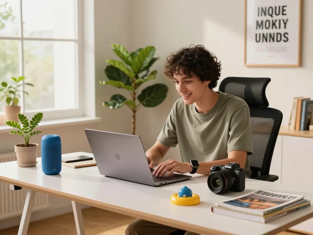 Exploring cool tech gadgets under $110 in a modern home office setting filled with bright natural light.