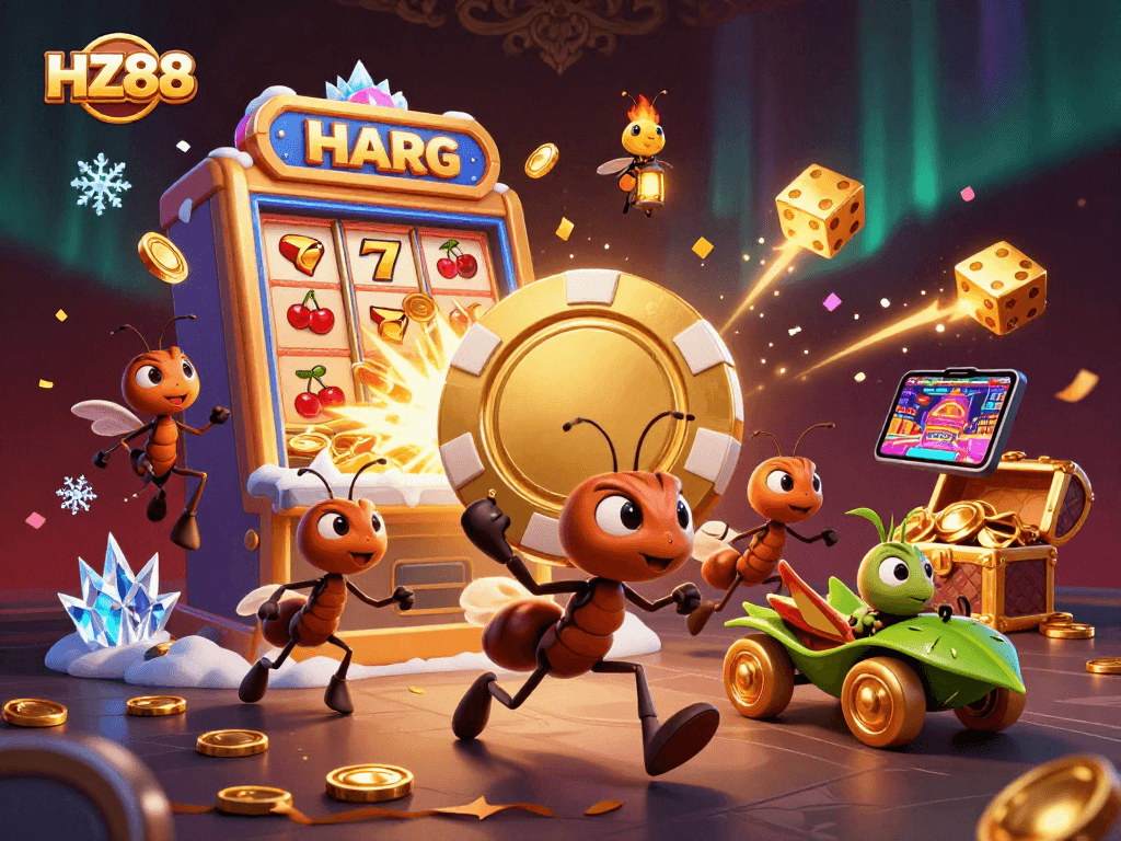 Experience the excitement of HZ88 with a whimsical heist scene of ants and casino elements bursting with rewards.