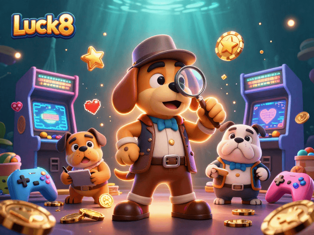 Luck8 players strategizing over golden poker chips amidst a vibrant casino scene filled with gaming elements.
