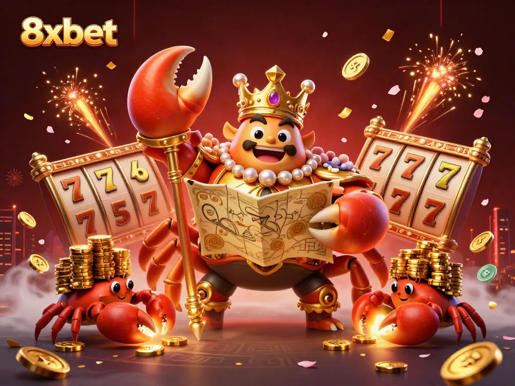 Experience thrilling gameplay at 8xbet with dynamic slot elements and a captivating golden crab emperor.