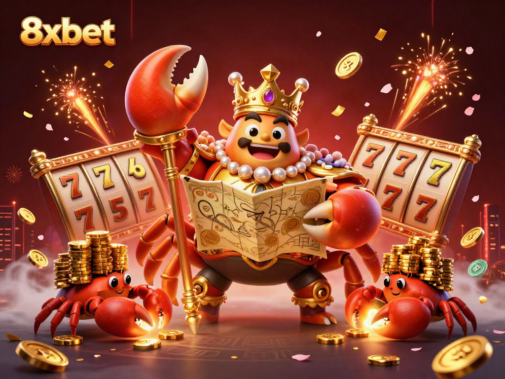 Experience thrilling gameplay at 8xbet with dynamic slot elements and a captivating golden crab emperor.