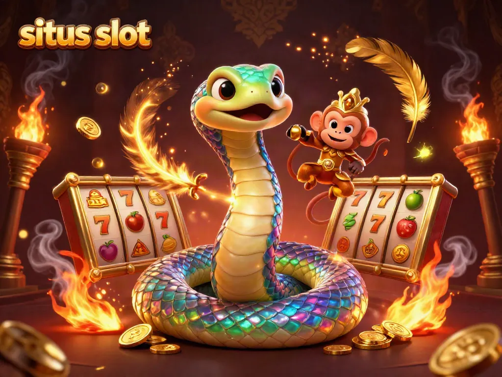 Experience thrilling action at situs slot with a vibrant 3D illustration of a rainbow serpent and playful monkey king.