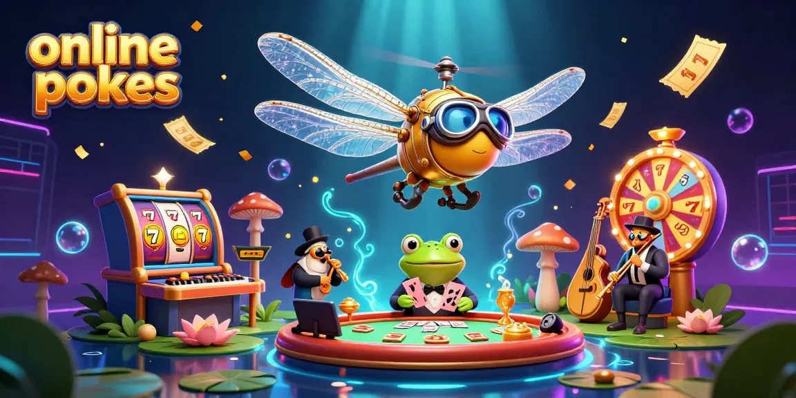 Engaging illustration of online pokies with a dragonfly pilot, frog dealer, and jazz musicians at a vibrant lily pad casino.