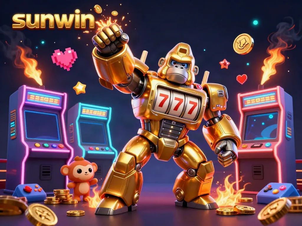 Experience thrilling wins at sunwin with an epic 3D golden gorilla mech and slot machine elements.