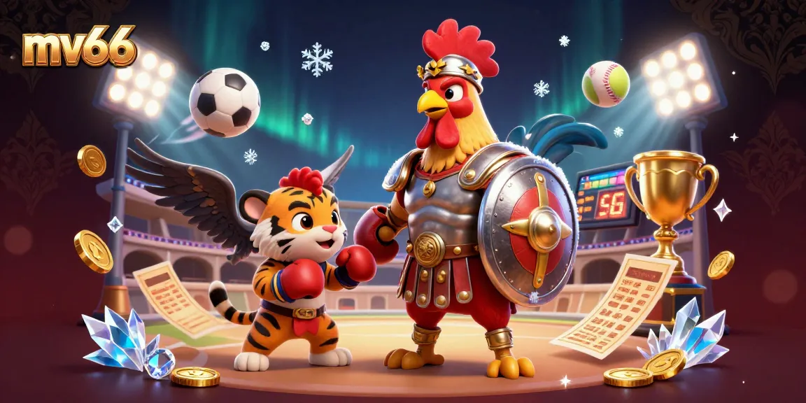 Bet on thrilling matches with mv66's energetic 3D illustration featuring a gladiator rooster and sports elements.