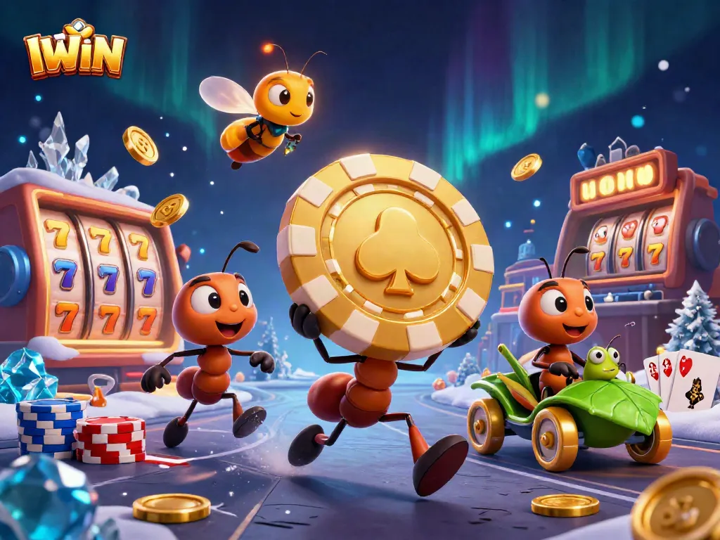 IWIN showcases a thrilling heist with ants carrying a giant poker chip amid vibrant casino elements.