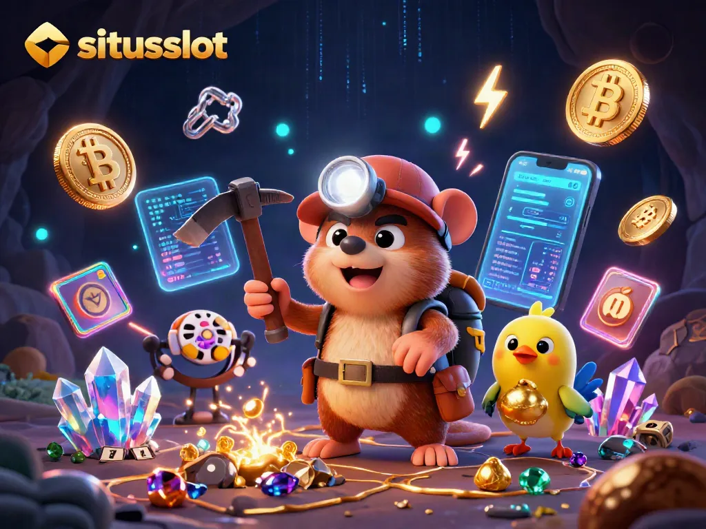 Experience thrill at situsslot with a treasure hunter mole and golden gems in a vibrant casino scene.