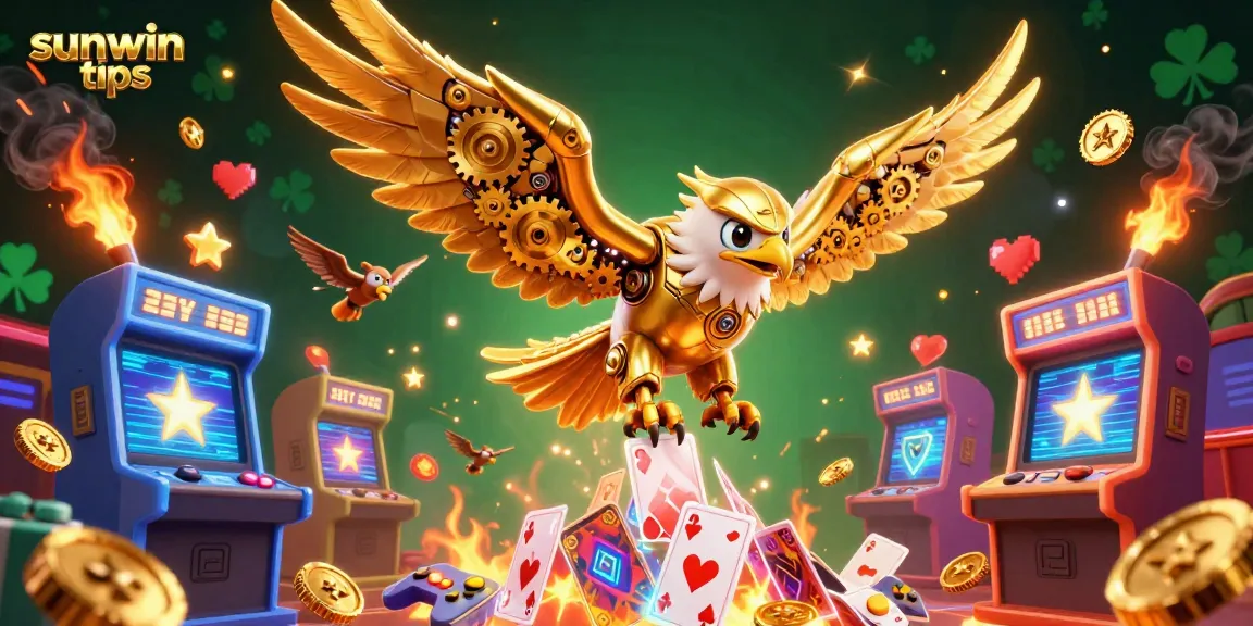 Win big with sunwin tips in this dynamic casino slot illustration featuring a golden eagle and arcade elements.