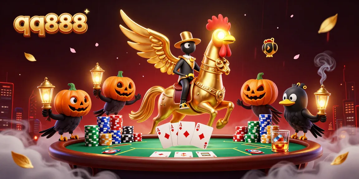 Engage in thrilling poker gameplay at qq888 while witnessing a golden rooster amid a magical casino atmosphere.