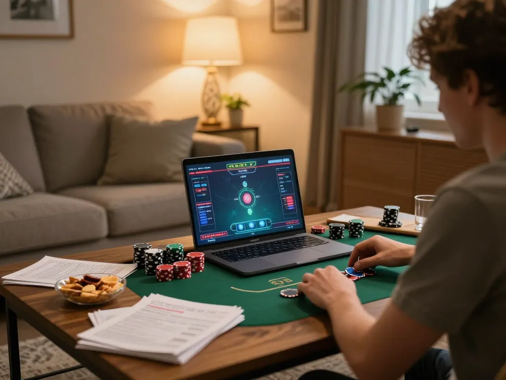 Engaging home poker gameplay with Go88 on laptop, warm lighting creating a cozy atmosphere