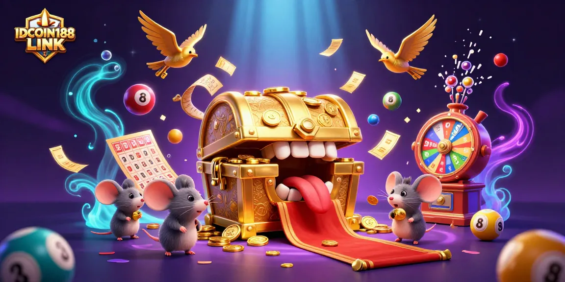 Experience exciting wins with IDCOIN188 LINK, featuring an engaging illustration of lottery themes and adventurous elements for gamers.