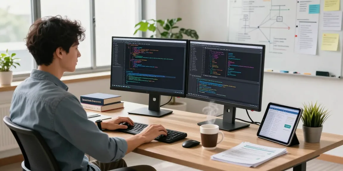 快连 software engineer coding in a modern workspace with dual monitors and tech resources.