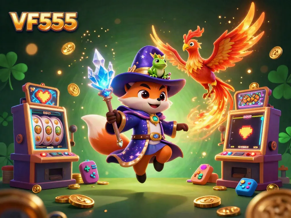 Engage with the vibrant VF555 casino scene featuring a wizard fox and playful phoenix amidst dazzling slot machines.