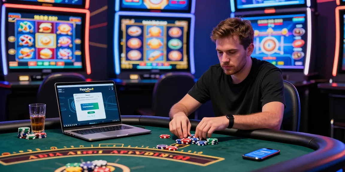 Paysafe Card Casino-Spieler, der sich mit Smartphone und bunten Casino-Chips an einem Live-Dealer-Spiel beteiligt.