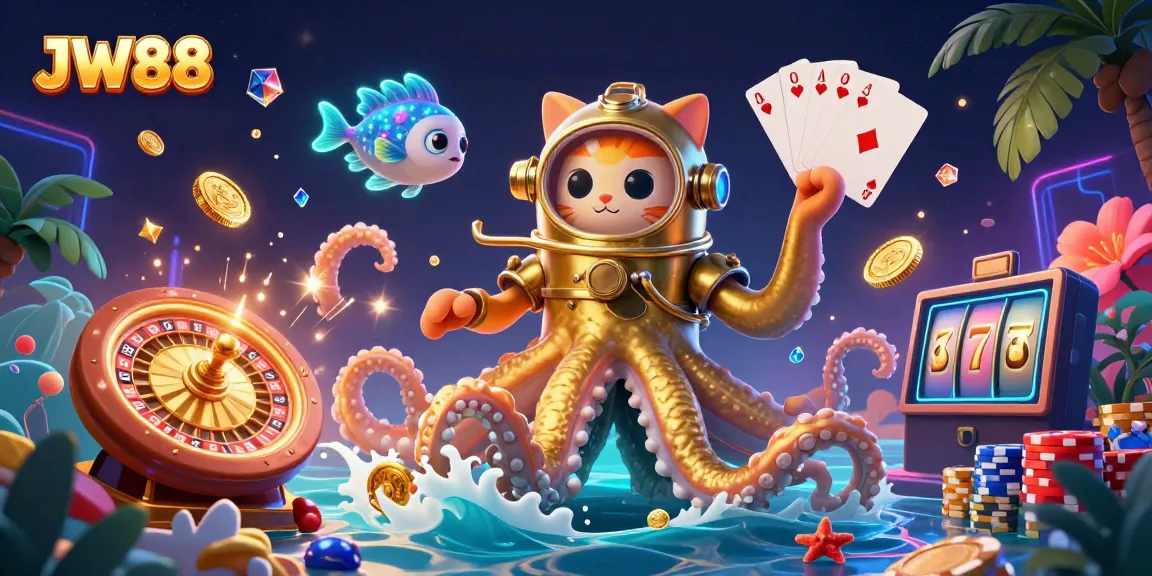 Engage with JW88's thrilling casino experience featuring a dynamic kraken, diving cat, and vibrant sea creatures.