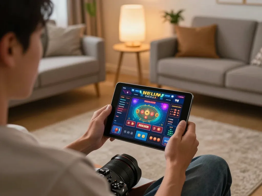 Engaging in online gambling strategies with 888bgo on a tablet in a cozy home setting.
