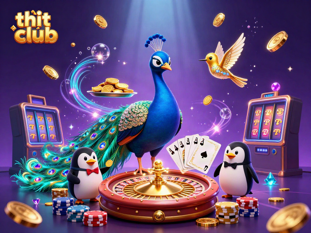 Experience the thrill of tải hit club with a cartoon peacock, penguin butler, and coins cascading in a vibrant casino setting.