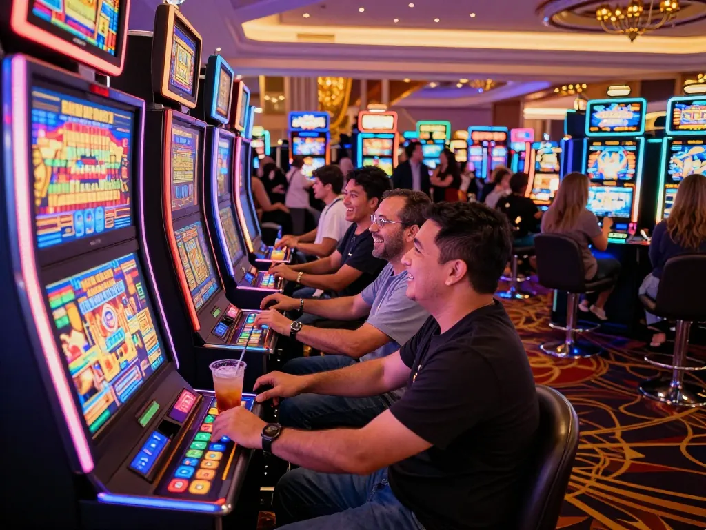 Players enjoying vibrant slot machines at the sunwingo casino, showcasing excitement and fun.