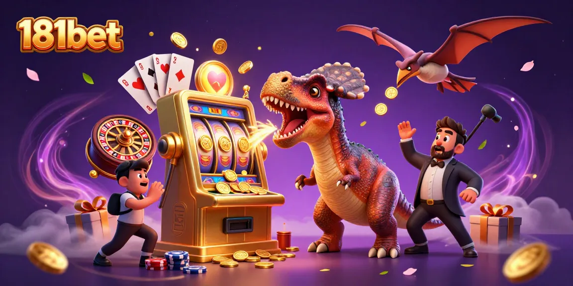 Engage with 181bet's cartoon scene of a dinosaur winning at slots, energized with flying coins and casino excitement.